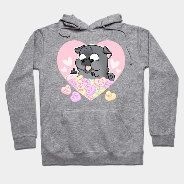 Valentine Hearts - black pug Hoodie by Inkpug